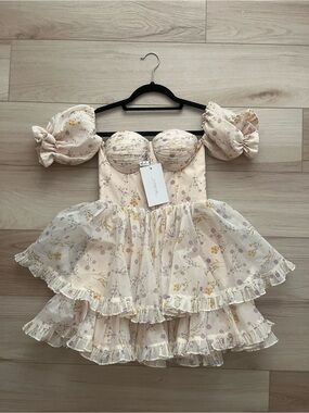 Off-Shoulder Cream Floral Puff-Sleeve Mini Dress